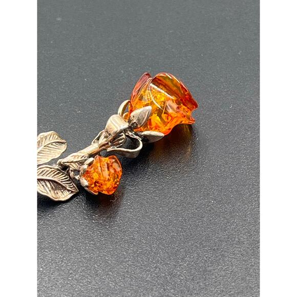 Baltic Cognac Amber Double Rose Brooch 925 Sterling Silver Hand Carved Signed - Picture 11 of 12